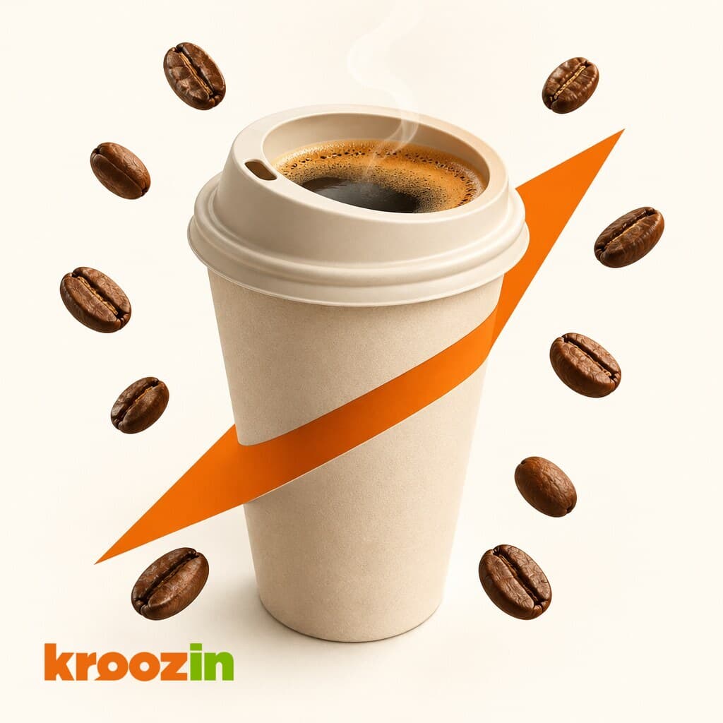 A Kroozin coffee cup with a burst of beans.