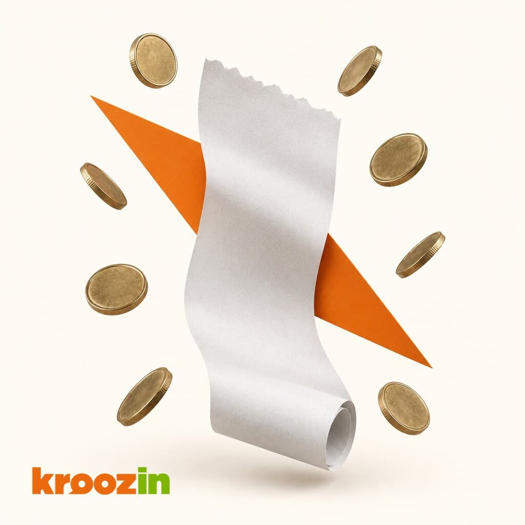 A curling Kroozin receipt with a burst of coins.