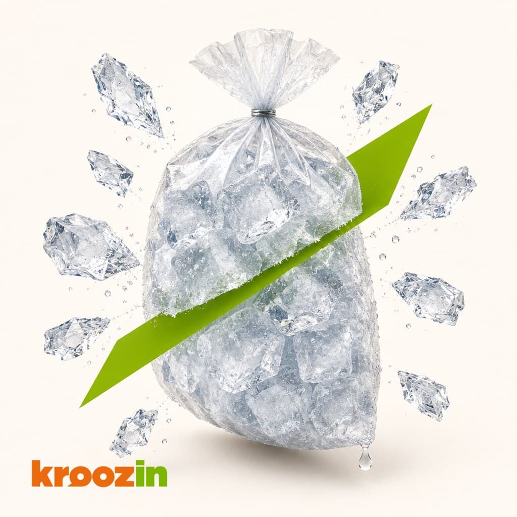 A tied bag of Kroozin ice with a burst of crystals.