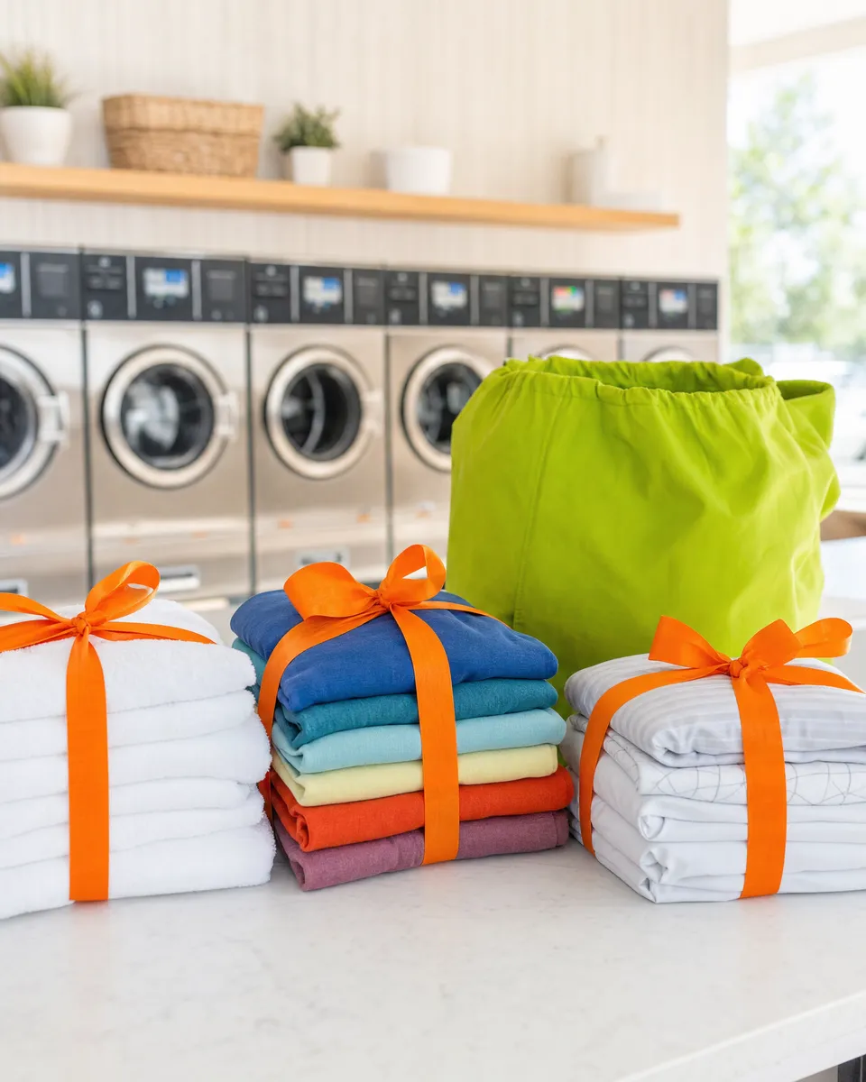 Stacks of freshly folded towels, shirts and sheets tied with orange ribbon